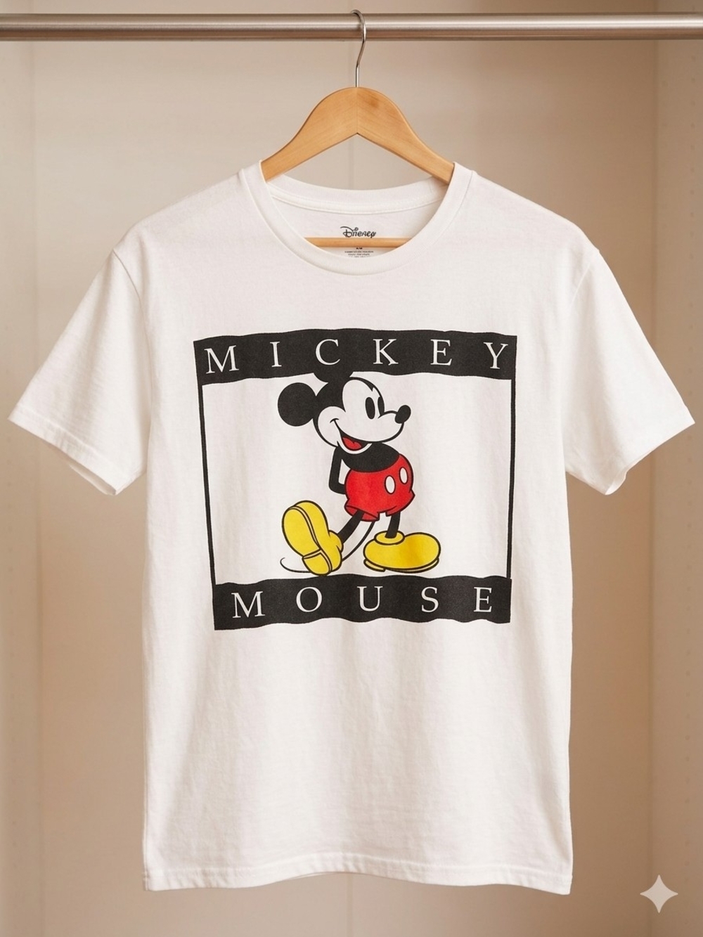 Disney White Mickey Mouse Graphic Tee with Red and Yellow Accents